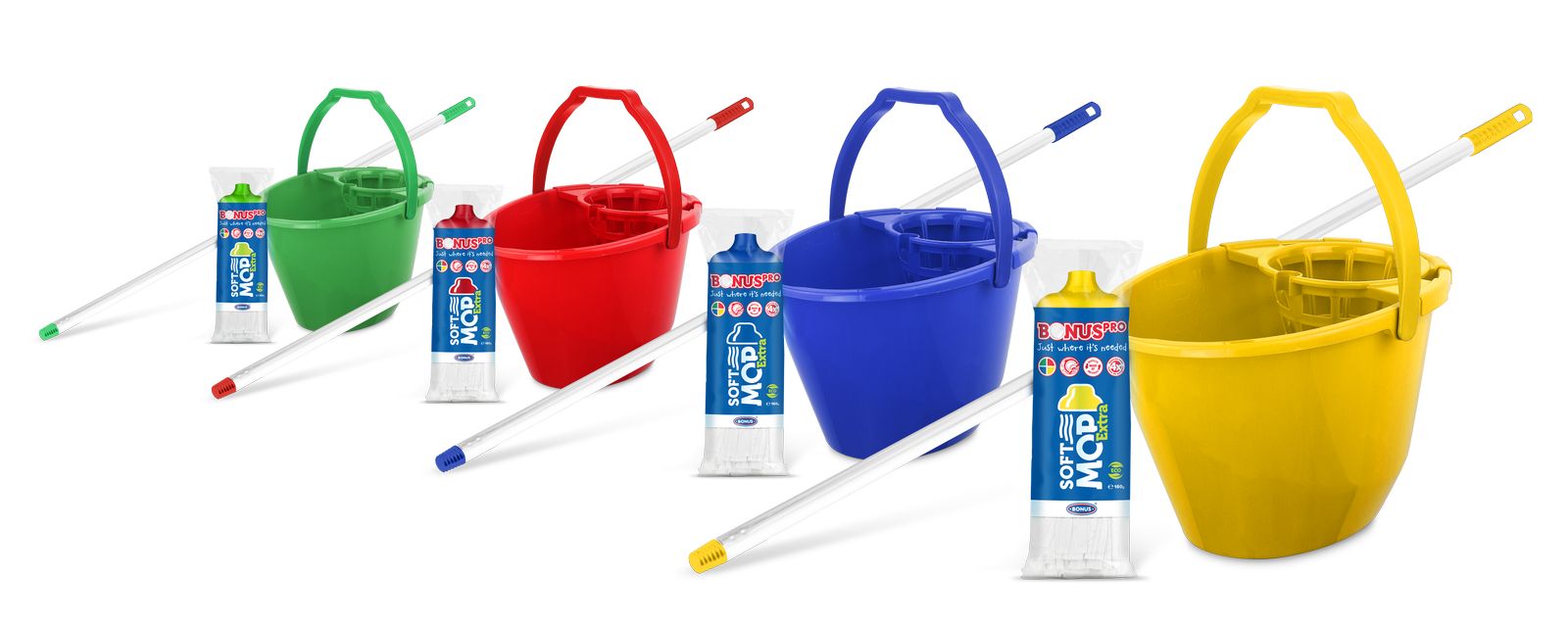 BN.SoftMOP EXTRA SZETT piros-kék-sága-zöld vödör, kosár, nyél B330